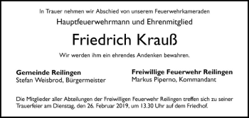 Traueranzeige von Friedrich Krauß von Schwetzinger Zeitung