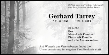Traueranzeige von Gerhard Tarrey von Fränkische Nachrichten
