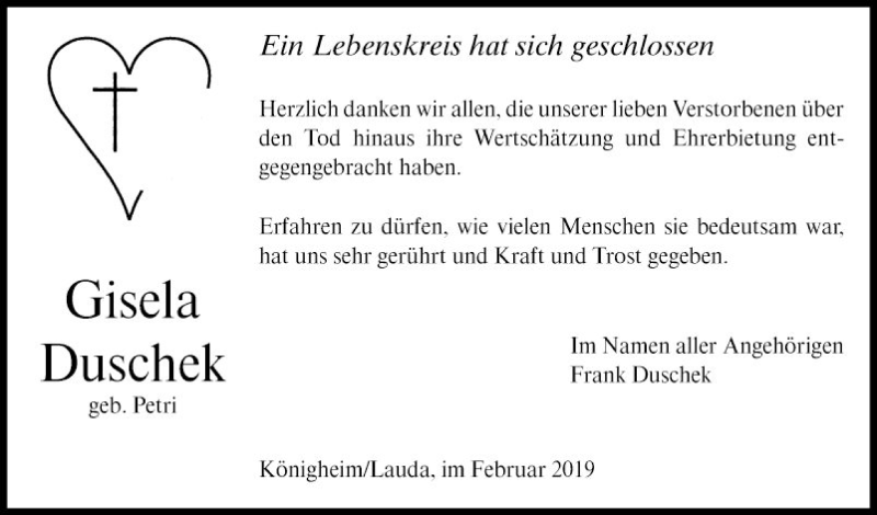  Traueranzeige für Gisela Duschek vom 09.02.2019 aus Fränkische Nachrichten
