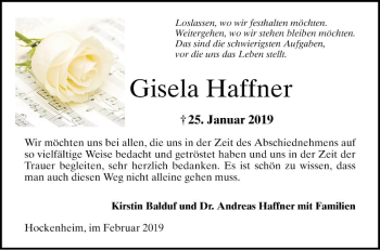 Traueranzeige von Gisela Haffner von Schwetzinger Zeitung