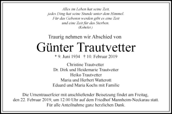 Traueranzeige von Günter Trautvetter von Mannheimer Morgen