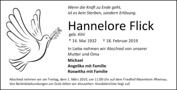 Traueranzeige von Hannelore Flick von Mannheimer Morgen