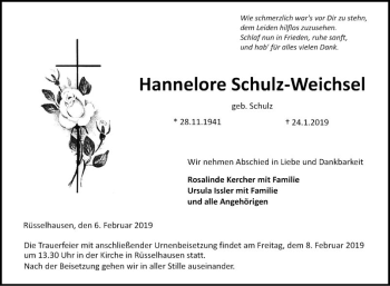 Traueranzeige von Hannelore Schulz-Weichsel von Fränkische Nachrichten