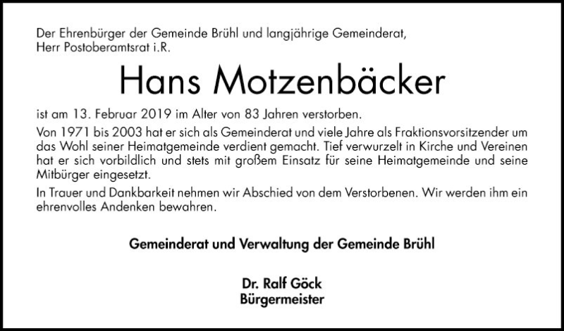  Traueranzeige für Hans Motzenbäcker vom 16.02.2019 aus Schwetzinger Zeitung
