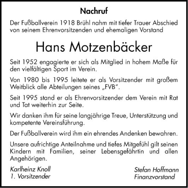  Traueranzeige für Hans Motzenbäcker vom 19.02.2019 aus Schwetzinger Zeitung