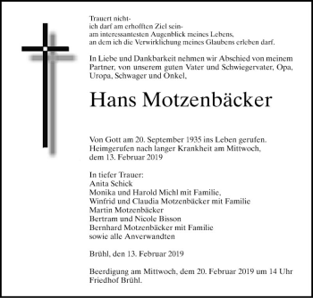 Traueranzeige von Hans Motzenbäcker von Mannheimer Morgen