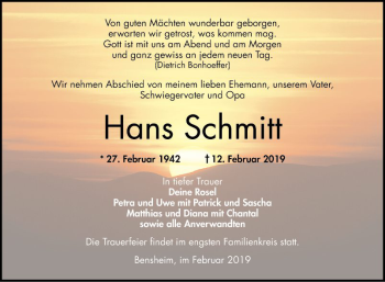 Traueranzeige von Hans Schmitt von Bergsträßer Anzeiger
