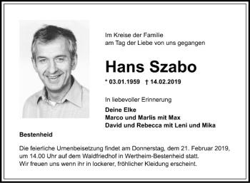 Traueranzeige von Hans Szabo von Fränkische Nachrichten