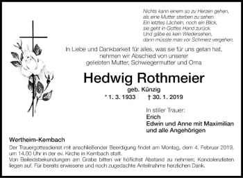 Traueranzeige von Hedwig Rothmeier von Fränkische Nachrichten