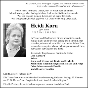 Traueranzeige von Heidi Korn von Fränkische Nachrichten