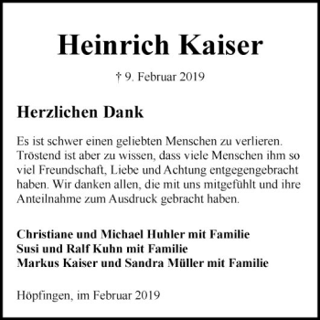 Traueranzeige von Heinrich Kaiser von Fränkische Nachrichten