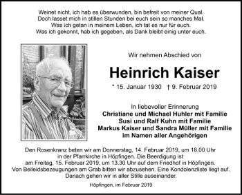 Traueranzeige von Heinrich Kaiser von Fränkische Nachrichten