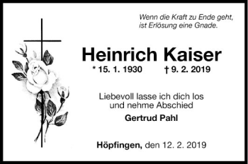 Traueranzeige von Heinrich Kaiser von Fränkische Nachrichten