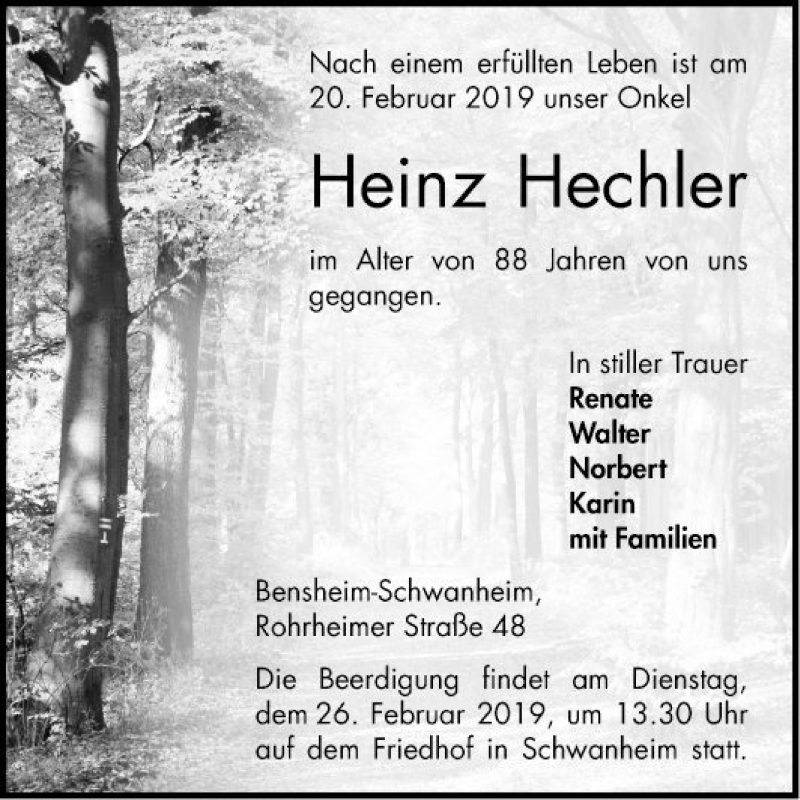  Traueranzeige für Heinz Hechler vom 23.02.2019 aus Bergsträßer Anzeiger