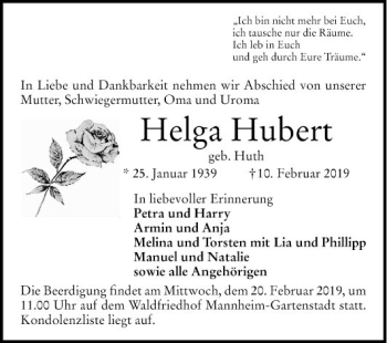 Traueranzeige von Helga Hubert von Mannheimer Morgen