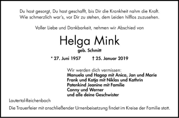 Traueranzeige von Helga Mink von Bergsträßer Anzeiger