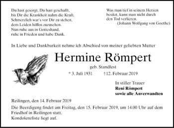 Traueranzeige von Hermine Römpert von Schwetzinger Zeitung