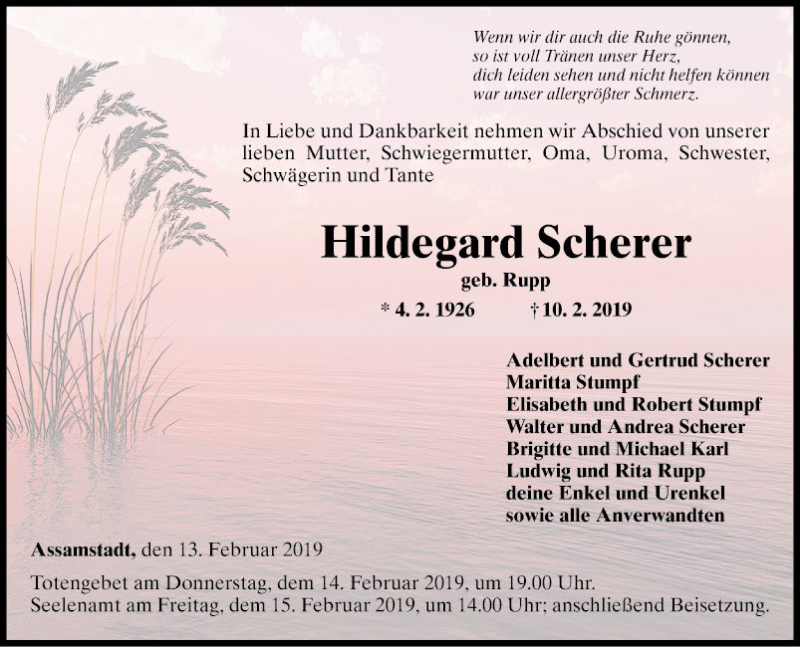  Traueranzeige für Hildegard Scherer vom 13.02.2019 aus Fränkische Nachrichten