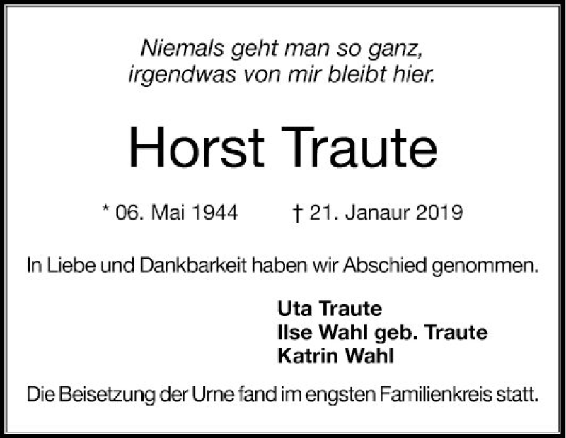  Traueranzeige für Horst Traute vom 20.02.2019 aus Mannheimer Morgen