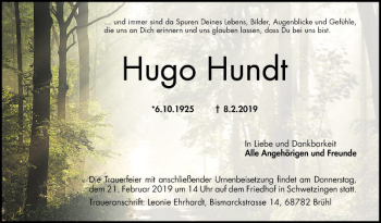 Traueranzeige von Hugo Hundt von Schwetzinger Zeitung