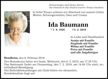 Traueranzeige von Ida Baumann von Fränkische Nachrichten