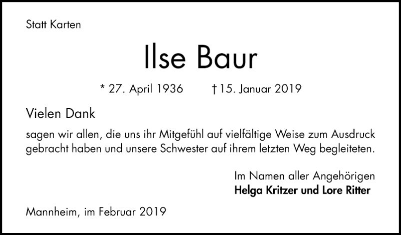  Traueranzeige für Ilse Baur vom 09.02.2019 aus Mannheimer Morgen