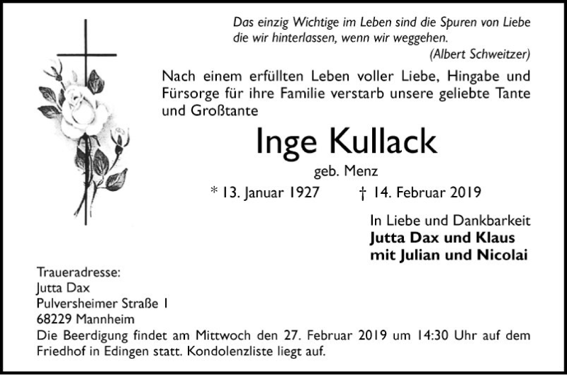  Traueranzeige für Inge Kullack vom 23.02.2019 aus Mannheimer Morgen