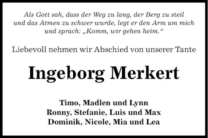  Traueranzeige für Ingeborg Merkert vom 19.02.2019 aus Fränkische Nachrichten