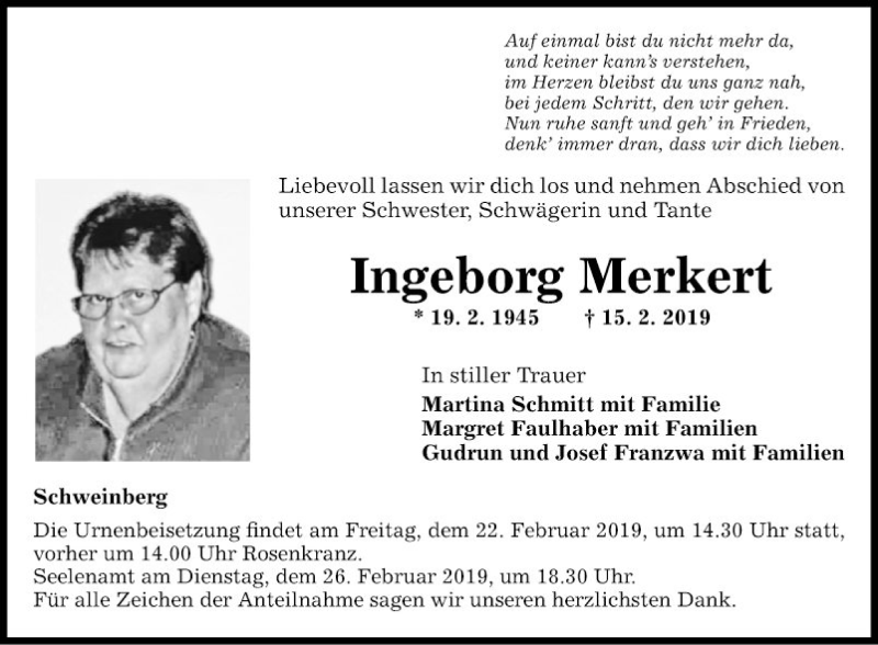  Traueranzeige für Ingeborg Merkert vom 19.02.2019 aus Fränkische Nachrichten