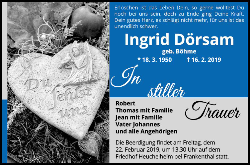  Traueranzeige für Ingrid Dörsam vom 20.02.2019 aus Mannheimer Morgen