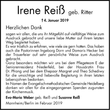 Traueranzeige von Irene Reiß von Mannheimer Morgen
