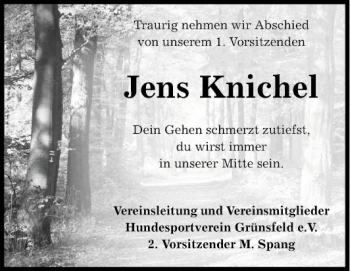 Traueranzeige von Jens Knichel von Fränkische Nachrichten