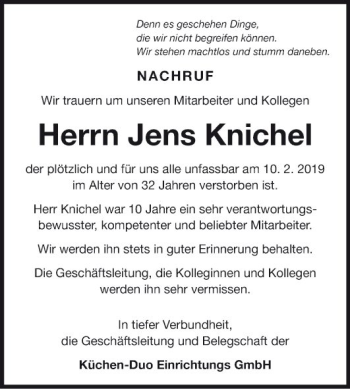 Traueranzeige von Jens Knichel von Fränkische Nachrichten