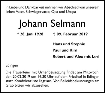 Traueranzeige von Johann Selmann von Mannheimer Morgen
