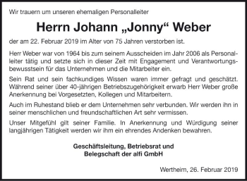 Traueranzeige von Johann Jonny Weber von Fränkische Nachrichten