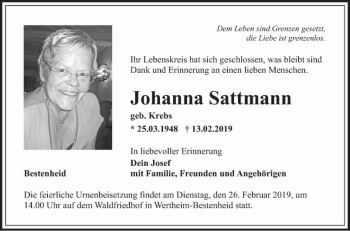 Traueranzeige von Johanna Sattmann von Fränkische Nachrichten
