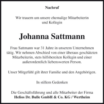 Traueranzeige von Johanna Sattmann von Fränkische Nachrichten