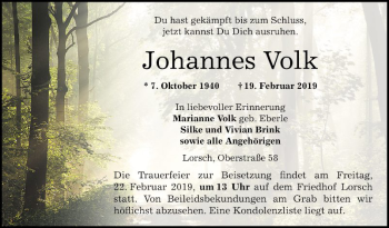 Traueranzeige von Johannes Volk von Bergsträßer Anzeiger
