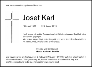 Traueranzeige von Josef Karl von Mannheimer Morgen