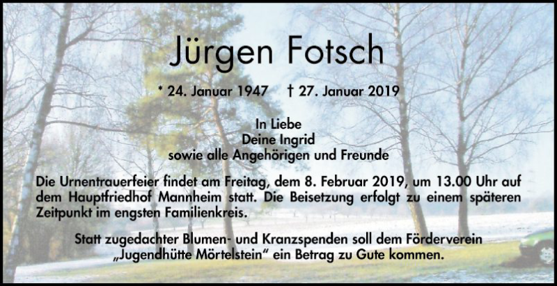  Traueranzeige für Jürgen Fotsch vom 02.02.2019 aus Mannheimer Morgen