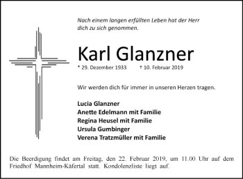 Traueranzeige von Karl Glanzner von Mannheimer Morgen