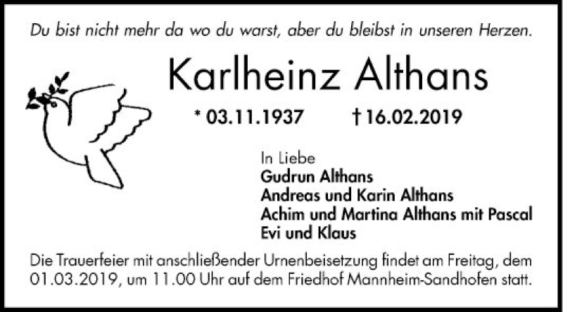  Traueranzeige für Karlheinz Althans vom 25.02.2019 aus Mannheimer Morgen