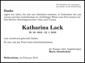 Traueranzeige von Katharina Lack von Fränkische Nachrichten