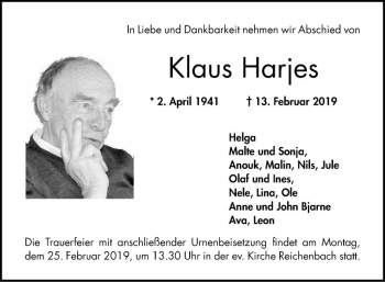 Traueranzeige von Klaus Harjes von Bergsträßer Anzeiger