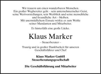 Traueranzeige von Klaus Marker von Schwetzinger Zeitung