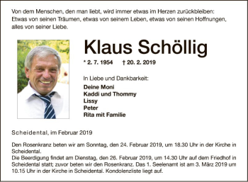 Traueranzeige von Klaus Schöllig von Fränkische Nachrichten