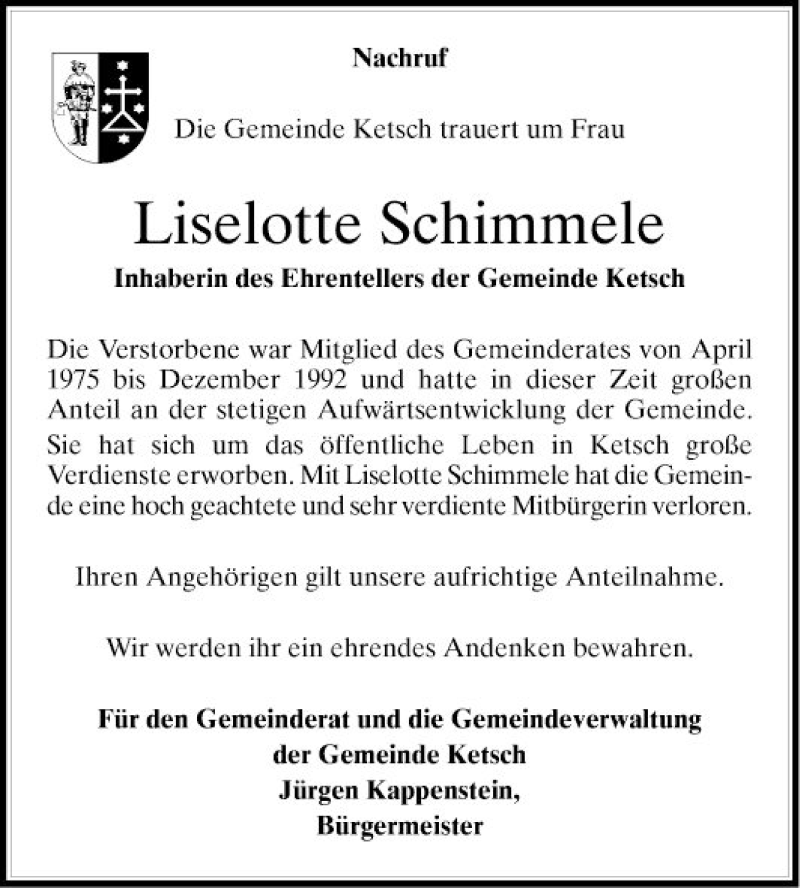  Traueranzeige für Liselotte Schimmele vom 12.02.2019 aus Schwetzinger Zeitung