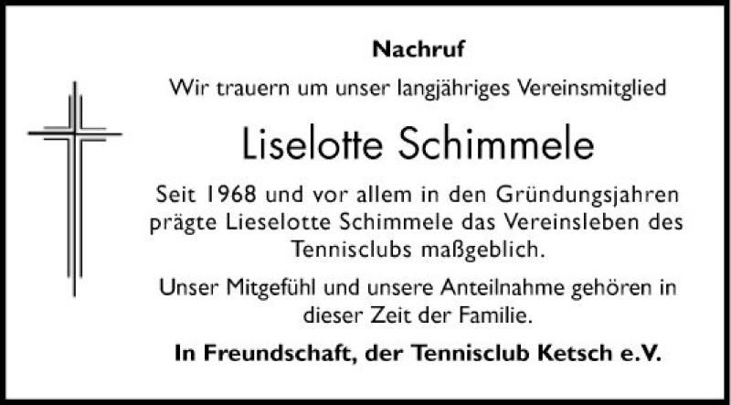  Traueranzeige für Liselotte Schimmele vom 13.02.2019 aus Schwetzinger Zeitung