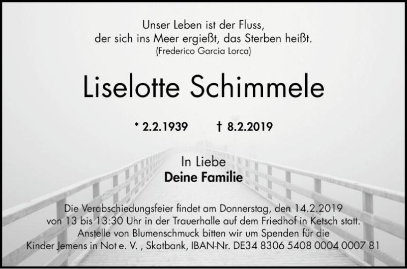  Traueranzeige für Liselotte Schimmele vom 09.02.2019 aus Schwetzinger Zeitung