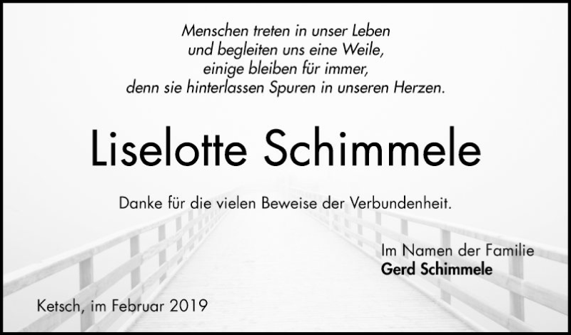  Traueranzeige für Liselotte Schimmele vom 23.02.2019 aus Schwetzinger Zeitung
